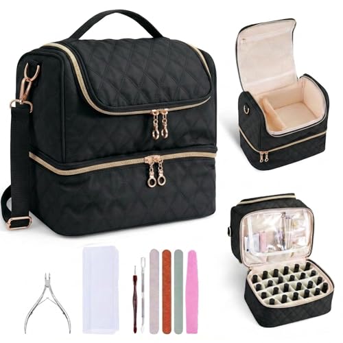 BAGCRAZY Nail Polish Organizer Case, Double Layer Nail Supplies Storage Bag holds 24 Bottles & UV/LED Lamp, Quilted Portable Manicure Travel Case with 8 Pcs Tools, for Nail Tech, Home & Salon, Black - color: Black