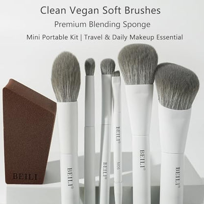 BEILI Mini 6Pcs Makeup Brush Set – Classic White, Professional Makeup Brushes for Foundation, Contour, Highlighter & Blending, Travel-Ready with Sponge - color: White