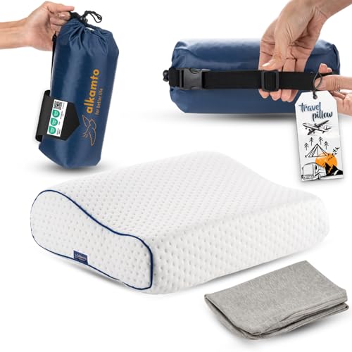 alkamto Travel & Camping Comfortable Memory Foam Pillow – Easy to Carry Portable Bag – Temperature Regulating Pillow Case (White Contour + Extra Cover) - size: White Contour Travel + Extra Cover