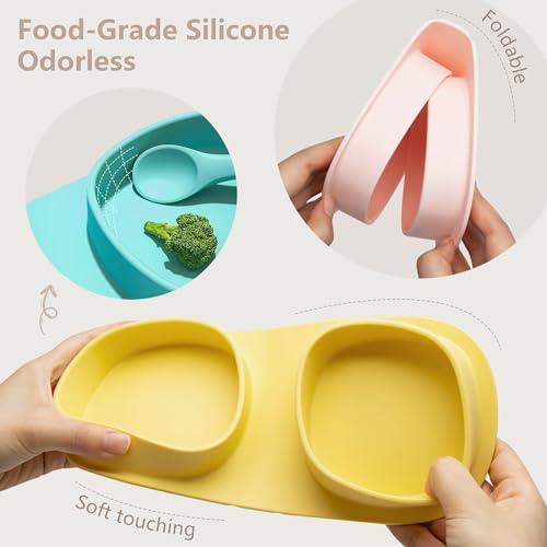 Silicone Foldable Novelty Dinner Plates, Baby Plates Travel Essential with Forks and Spoons, Microwave & Dishwasher Safe, Aqua - color: Aqua, style: No-Suction