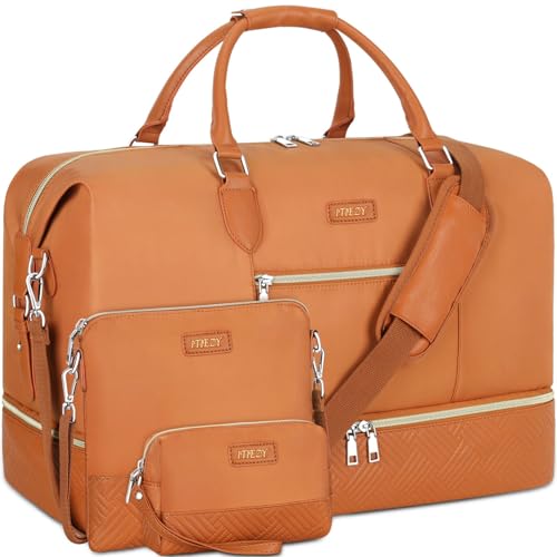 ITIEZY Weekender Overnight Bag for Women - Large Travel Duffel Bag with Shoe Compartment, Gym Duffel Bag Hospital Bag Carry On Tote Bags for Airplanes with Crossbody Bag Toiletry Bag 3Pcs Set - color: 7-Brown