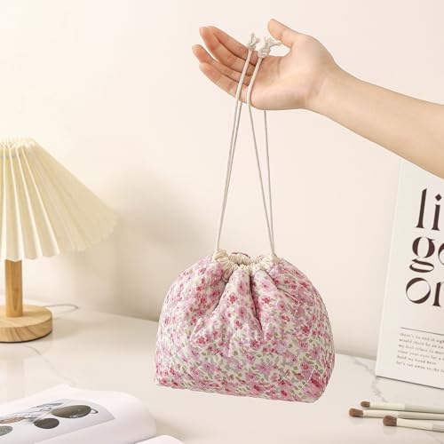 Cotton Quilted Drawstring Makeup Bag with Canvas Lining,Coquette Aesthetic Cute Travel Toiletry Bag,Drawstring Gift Bag for Women and Girls（18 Watercolor Pink Flower） - color: 18watercolor Pink Flower