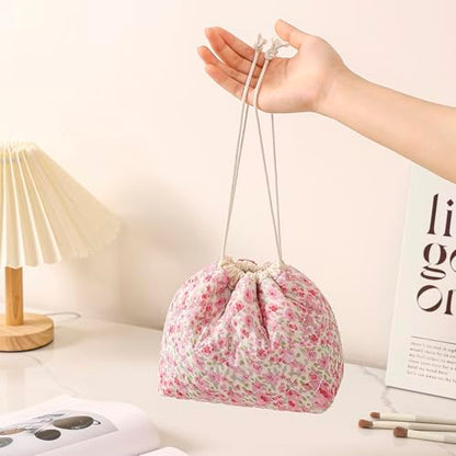Cotton Quilted Drawstring Makeup Bag with Canvas Lining,Coquette Aesthetic Cute Travel Toiletry Bag,Drawstring Gift Bag for Women and Girls（18 Watercolor Pink Flower） - color: 18watercolor Pink Flower