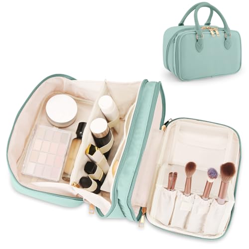 Travel Makeup Bag for Women Fashion Large Capacity Pouch Open Flat Cosmetic Portable Organizer Waterproof Large Opening Storage Toiletry Bags Vertical Free-Standing Brush Holder for Easy Access Blue - color: Blue