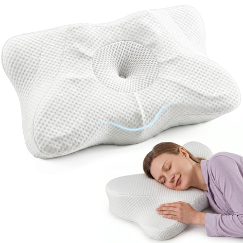 DUMOS Cervical Neck Pillow, Cooling Ergonomic Memory Foam Pillows for Neck Pain Relief with Breathable Pillowcase, Dual Height Orthopedic Support Contour Pillow for Side, Stomach Sleepers, White - color: Off-white, size: Queen Size (24"L x 14"W)