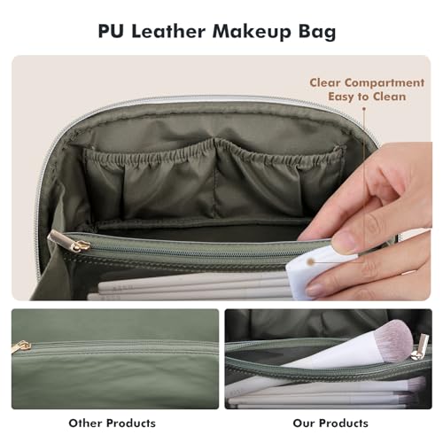 Prite Makeup Bag for Women Travel Waterproof Vegan Leather Cosmetic Bag Open Flat Toiletry Bag With Clear Divider and Handle (Green Flower, Medium) - color: Green Flower, size: Medium