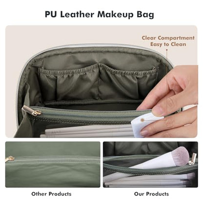 Prite Makeup Bag for Women Travel Waterproof Vegan Leather Cosmetic Bag Open Flat Toiletry Bag With Clear Divider and Handle (Green Flower, Medium) - color: Green Flower, size: Medium