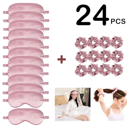 24Pcs Satin Eye Mask Silk Sleep Masks Silky Eyes Cover Blackout Blindfold Eyeshade Scrunchies Hair Ties Travel Wedding Gift - color: Dusty Rose