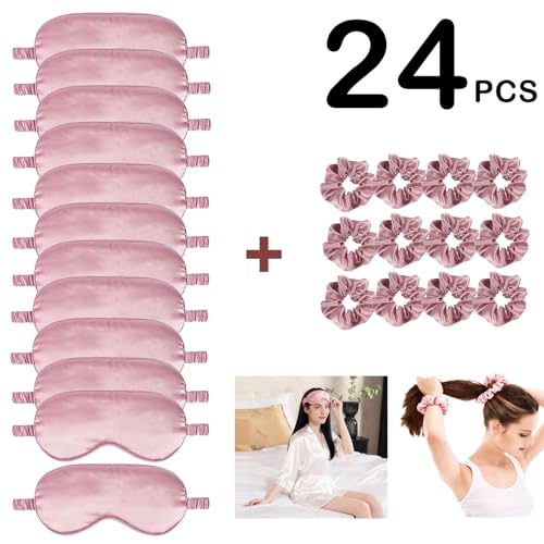 24Pcs Satin Eye Mask Silk Sleep Masks Silky Eyes Cover Blackout Blindfold Eyeshade Scrunchies Hair Ties Travel Wedding Gift - color: Sandalwood