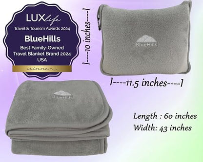 BlueHills Premium Soft Travel Blanket Pillow Airplane Flight Blanket Throw in Ultra-Soft Bag Pillow case Luggage Sleeve & Backpack Clip Large Air Warm Traveler Essentials - Light Gray T024 - color: Lgray-1pk-t024
