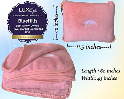 BlueHills Premium Soft Travel Blanket Pillow Airplane Blanket in Soft Bag case with Hand Luggage Belt and Carabiner Compact Pack Large Cozy Portable for Plane Car Train Transit Light Pink T020 - color: Pink-1pk-t020