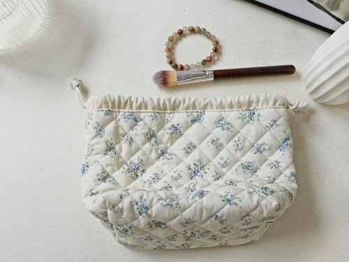 HAPPYHEIDI Large Floral Quilted Cotton Drawstring Makeup Bag Compartment Cosmetic Toiletry Accessory Travel Pouch Purse Organizer, Blue Gourd - color: KJM-Quilted Cotton Pouch with Compartment Set of 1-Blue Gourd