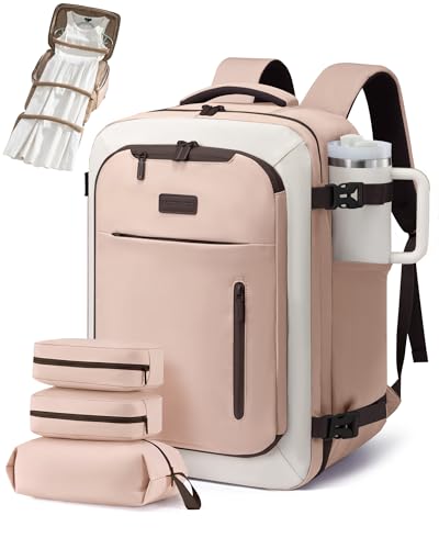 LOVEVOOK Travel Backpack for Women Men with Garment Bag, 40L Carry on Backpack as TSA Personal Item Flight Approved, Luggage Daypack Fits 17.3" Laptop, Overnight Business Weekender Travel Essential - color: Blush Pink, size: 40L-17.3 Inch-4Pcs