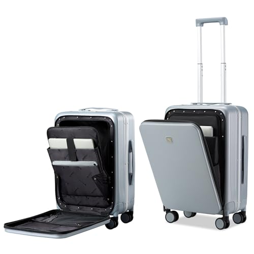 Hanke Grace Hard Shell Suitcases with Wheels,20 Inch Carry On Luggage Airline Approved with Aluminum Frame, Travel suitcase with Front Pocket Travel Luggage for Short Business Trips, Grey. - color: Grey, size: 20 Inch Middle No Opening
