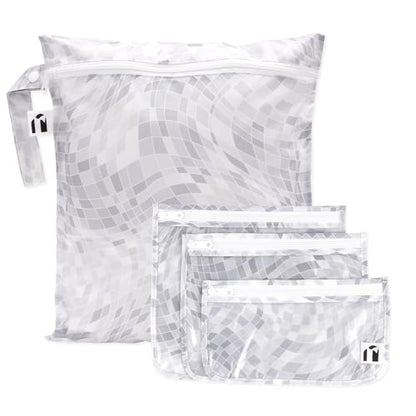 Bumkins Roamio Wet Bag and 3-Pack Clear-Sided Travel Pouches, Waterproof Organizer for Toiletries, Gym Clothes, Swim Gear, Shoes, Accessories, TSA Compliant Packing Set - Disco Ball Gray - 4 Pack - color: A8 Disco Ball Gray-4