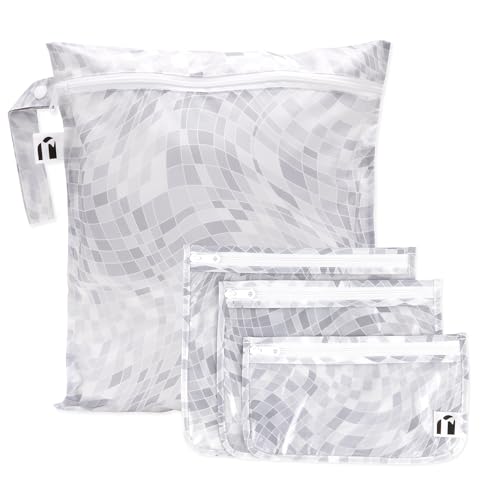 Bumkins Roamio Wet Bag and 3-Pack Clear-Sided Travel Pouches, Waterproof Organizer for Toiletries, Gym Clothes, Swim Gear, Shoes, Accessories, TSA Compliant Packing Set - Disco Ball Gray - 4 Pack - color: A8 Disco Ball Gray-4