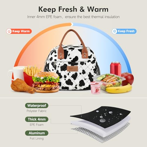 HOMESPON Insulated Lunch Bag for Women Men Adults Lunch Tote with Front Pocket Lunch Box Container Cooler Bag for Work Picnic (Cow Print) - color: Cow Print