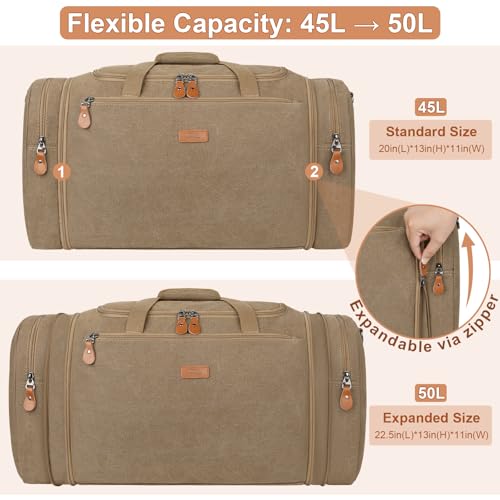 Canvas Mens Duffle Bag for Travel - Expandable 50L Weekender Bags with Toiletry Bag, Overnight Bag Travel Duffel Carry On Luggage with Removable Shoulder Strap, Durable & Water-Resistant - color: 5-Khaki