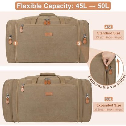 Canvas Mens Duffle Bag for Travel - Expandable 50L Weekender Bags with Toiletry Bag, Overnight Bag Travel Duffel Carry On Luggage with Removable Shoulder Strap, Durable & Water-Resistant - color: 5-Khaki