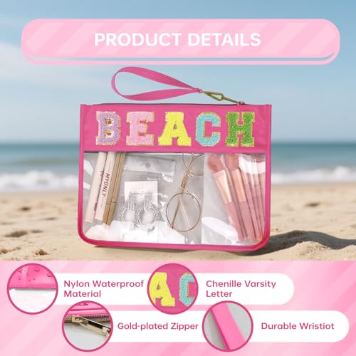 Siwara Snack Bags Clear Pouch Travel Makeup Bag Chenille Letter Bags for Zipper Pouch Clear Cosmetic Bag Clearly Tote Bag Makeup Travel Bags for Women - color: Rose--Beach