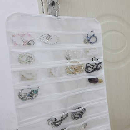 Hanging Jewelry Organizer Pockets Canvas Double Sided Rotating Hanger Necklace Hanging Wall Organizer Jewelry Roll for Earrings, Necklaces,Sunglasses,rings (80-Pocket WHITE) - color: White