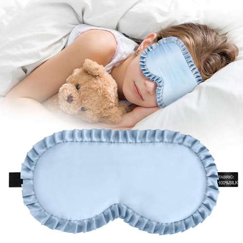 Kids Sleep Mask, 100% Real Mulberry Silk Eye Mask, Sleeping Mask for Kids with Adjustable Elastic Band, Soft & Light Blocking Eye Cover Gift for Boys Girls Teens Age 5+ (Blue) - color: Blue
