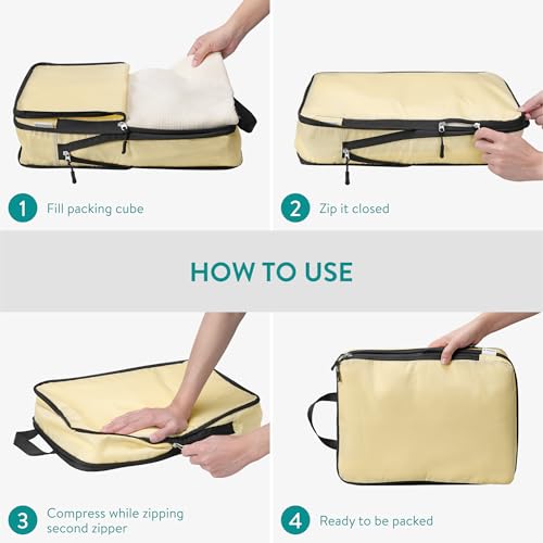 Navaris Compression Packing Cubes Set of 6 - Compressible Travel Bags for Packing Many Sizes - Lightweight Compression Travel Organizer Suitcase Carry On Luggage Backpacks - Beige