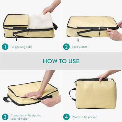 Navaris Compression Packing Cubes Set of 6 - Compressible Travel Bags for Packing Many Sizes - Lightweight Compression Travel Organizer Suitcase Carry On Luggage Backpacks - Beige