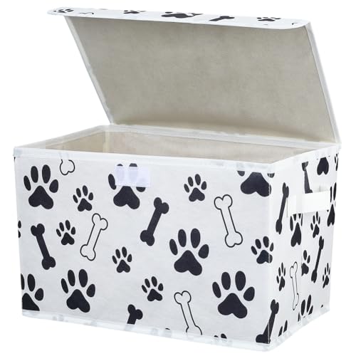 Paw Print Storage Bin Dog Themed Storage Box Decorative Dog Bones Black and White Organizer Cubes with Lid and Carrying Handle Rectangle Fabric Folding Containers for Bedroom Closet Shelves - color: Dog Paw