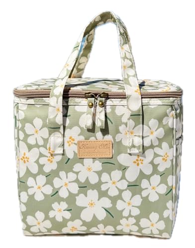 Kwang Min Floral Insulated Lunch Bag for Women,Reusable Lunch Box,Large Cooler for Office,Picnic Outdoors,Premium Quality Waterproof Fabric,Ideal Gift for Outdoors and work (Green Cosmo) - color: Green Cosmo