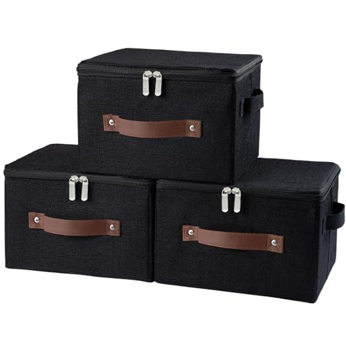 3 Pack Storage Bins with Zipper Lid Fabric Lidded Storage Boxes Baskets Cubes Washable Collapsible PU Leather Handle Cotton Linen Fabric Shelf Closet Organizer Container(Black, Small Size) - color: Black, size: Small ( Set of 3)
