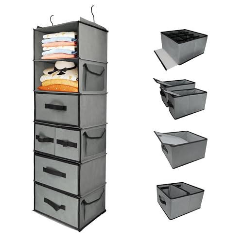 Durable 6-Tier hanging closet organizer with 5 Drawers & 3 Side Pocket,Thickened Fabric Hanging Shelves Holder with Sturdy Hook,Space-saving Storage Organization for Bedroom,Dorm,Guestroom,RV,Bathroom - style: Inseparable-6 Tier