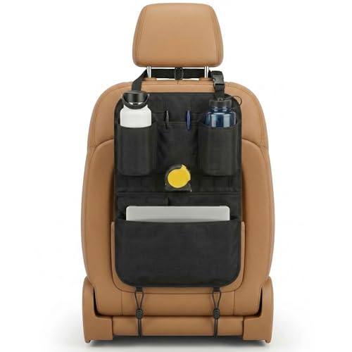 Swigzy Premium Seat Back Organizer Water Bottle Holder & Kick Mat Protector | Large Water Bottle Holders, Cordura Nylon, Laptop Pocket, Sag-Free Adjustable Fit