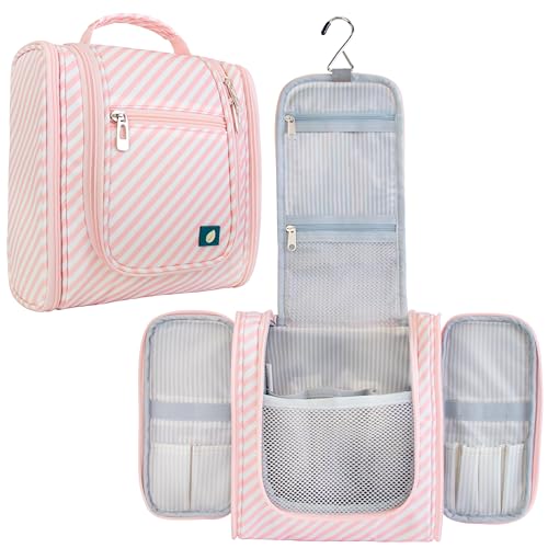 PAVILIA Toiletry Bag Travel Bag for Women Men, Hanging Cosmetic Organizer, Water Resistant Makeup Bag for Accessories Toiletries, Large Travel Essentials Kit (Pink Stripe) - color: Pink Stripe, size: Standard (9x4x9)