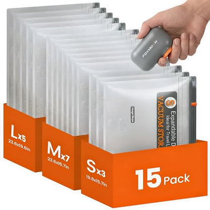 Vacuum Bags for Clothing Travel with Rechargeable Electric Pump, 15 Pack Compression Vacuuum Storage Bags for Luggage and Seasonal Storage, Space Saver Seal Bags for Cruise and Vacation - size: 15 Pack Travel Size