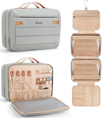 COOSKY Women's Hanging Toiletry Bag, Waterproof Travel Cosmetic Organizer with Jewelry Storage, Large Capacity Makeup Case for Full-Size Skincare & Bathroom Essentials, Portable Cosmetic kit, Grey - color: Grey
