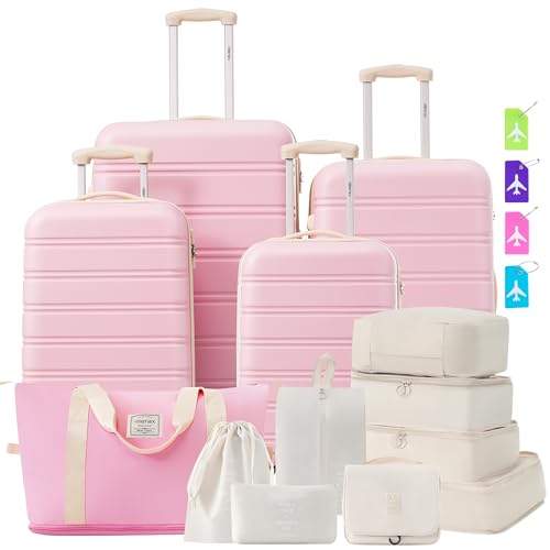 Merax Luggage sets of 13 Piece 16 20 24 28 IN Carry on Luggage sets 4 piece Hardcase Light Pink Luggage Expandable Suitcase Set with Wheels - color: Light Pink, size: 13-Piece Set(16+20+24+28IN+Bag+Packing Cubes+tags)
