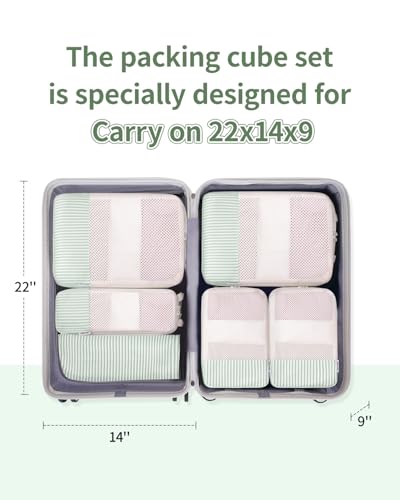 Narwey 6 Set Compression Packing Cubes for Travel Women Men, Travel Cubes for Carry On Suitcase, Durable Compression Luggage Organizer Bags - color: ZY-Mint Green Stripe
