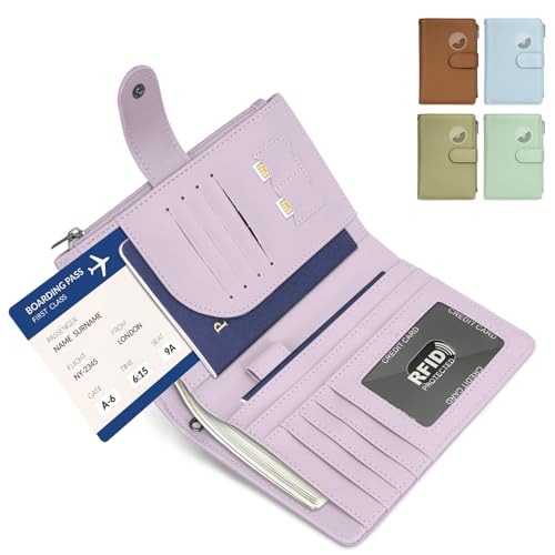 RFID Passport Holder for Women/Men Travel Gift, Large Capacity Passport Wallet, Family Travel Documents Organizer with Card/Airtag Slots, Zipper coin pocket, Cash Holder Passport Cover Case(Purple) - color: Purple
