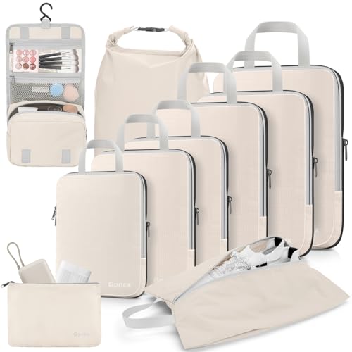 Gonex 10 Set Compression Packing Cubes, Expandable Storage Travel Bags for Suitcase, Luggage Organizers with Hanging Toiletry Bag Laundry Bag Shoe Bag Accessories Bag (Cream) - color: 10-Cream, size: 10 Set