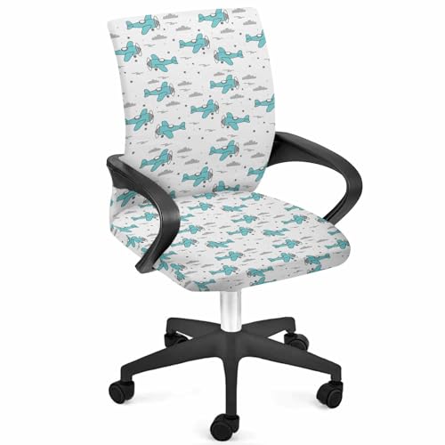 Turquoise Airplane Office Chair Covers, Stretchable Rotating Chair Slipcovers, Modern Abstract Art Cartoon Clouds Desk Chairs Protector Cover for High Back Chairs, Small - color: Grey, size: Small