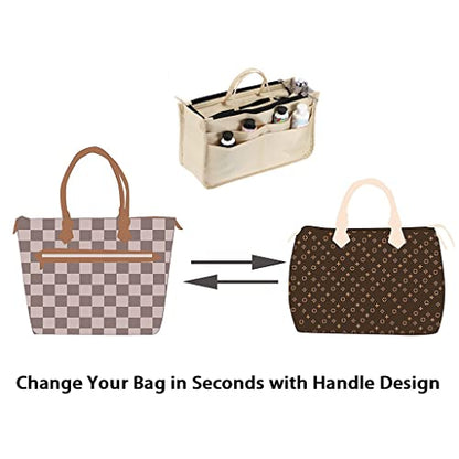 BTSKY Printing Handbag Organizers Inside Purse Insert - High Capacity 13 Pockets Bag Tote Organizer with Handle Beige - color: Beige