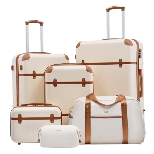 Coolife Luggage Set 6-Piece Suitcase Set Carry On Luggage PC Hardside Luggage TSA Lock Spinner Wheels Telescopic Handle - color: White, size: 6 piece set