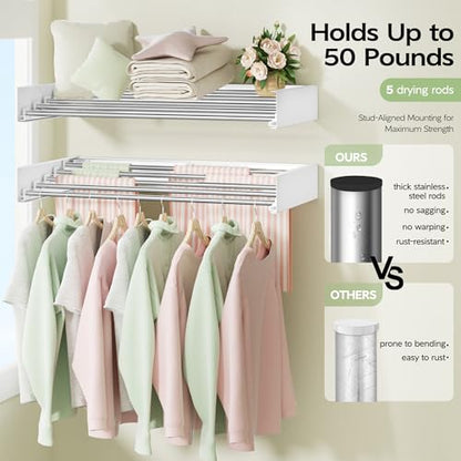Vikaqi Wall Mounted Clothes Drying Rack 32", Foldable Wall Mount Laundry Rack Folding Indoor, Drying Rack Clothing Collapsible, Hidden Space Saver with Wall Template, 5 Rods, White - color: White, size: 32" Wide