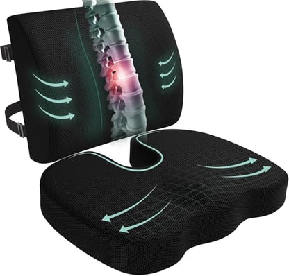 Seat Cushion and Lumbar Support Pillow for Office Chair, Wheelchair, Memory Foam Coccyx Cushion for Sciatica Tailbone Pain Relief, Back Support for Car Chairs, Desk Chair
