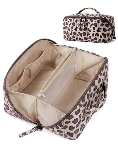 BAGSMART Travel Makeup Bag for Women, Portable Water-resistant Cosmetic Case, Puffy Padded Make Up Organizer Pouch, Open Flat Toiletry Bag for Toiletries, Brushes, Leopard - color: 16-Leopard