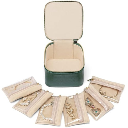 VLANDO Jewelry Travel Case,Travel Jewelry Organizer with Clear Velvet Jewelry Bags 6Pcs Zipper Pouch for Women Girl Christmas Wedding Gift-Green - color: B.6PCS Green