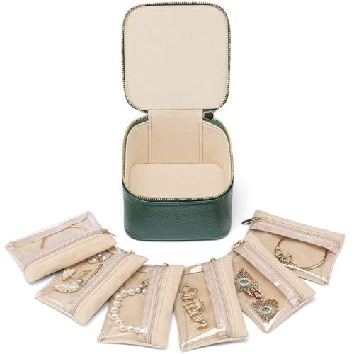 VLANDO Jewelry Travel Case,Travel Jewelry Organizer with Clear Velvet Jewelry Bags 6Pcs Zipper Pouch for Women Girl Christmas Wedding Gift-Green - color: B.6PCS Green