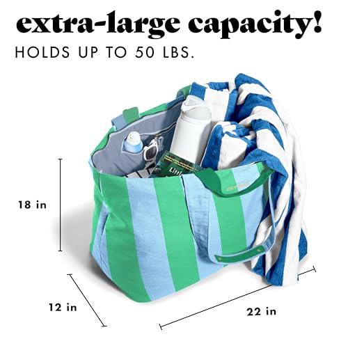 Fit & Fresh XL Beach Tote Bag for Women – XL Travel Tote with Zipper & Pockets, Oversized Canvas Pool Bag, Weekender Carry-On - color: Blue & Green Stripe