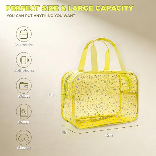 Clear Yellow Star Large Makeup Bag with Star Pattern 12x5x8 inch, Travel Cosmetic Bag with Handle, Durable PVC Material Washbag Zipper Opening Design for Makeup Travel Organizer or Gym Use - color: Yellow, style: Star